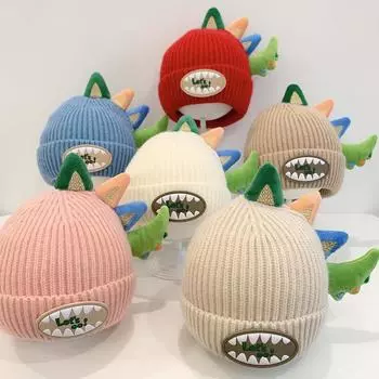 Leather label dinosaur flanged infant hat winter wool hat baby knitted hat winter children s thermal pullover hat suitable for about 6-36 months (45-50cm)