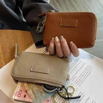 Leather Ladies Coin Purse: Fashionable European-American Zipper Wallet with Keychain хаки