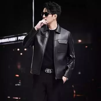 Кожаная куртка мужская короткая облегающая куртка из овчины с лацканами для повседневного ношения в середине сезона L чёрный