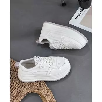 Leather lightweight round head lace-up board shoes women s spring new versatile fashion muffin platform casual white shoes 35