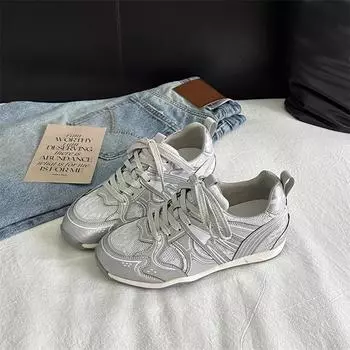 Leather little white shoes summer new mesh breathable casual lace-up inner height increase sports women s soft bottom mesh 35