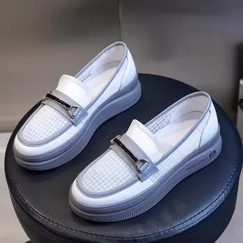 Leather little white shoes women s 2025 summer new thick-soled heightening one-pedal casual single shoes women s mesh breathable women s shoes 35