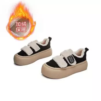 Leather little white shoes women s 2025 winter new velvet warm Velcro women s shoes casual versatile thick baseplate shoes women 35