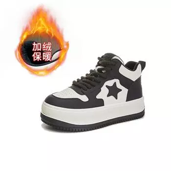 Leather little white shoes women s 2025 winter new thick-soled velvet high-top board shoes women s versatile shoes children s sports women s shoes 35