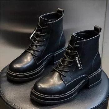 Leather Martin boots 2025 new British style boots women s autumn and winter medium tube retro thick heel casual short boots women s trend 35