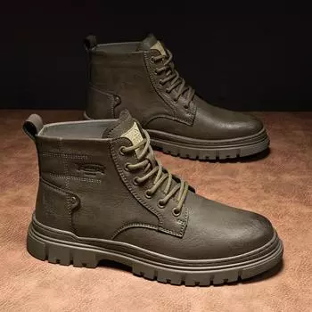 Leather Martin boots men s heightening retro British high-top tooling shoes men s high-end mid-top men s shoes autumn and winter 39 чёрный