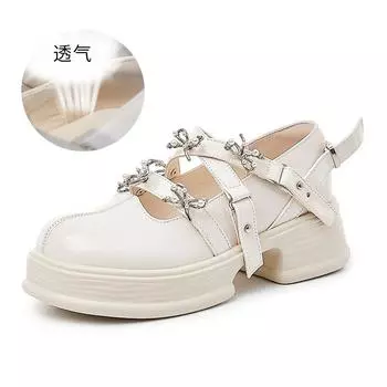 Leather Mary Jane shoes 2025 spring new women s thick heel light mouth single shoes women s platform commuter bow women s shoes 35