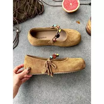 Leather Mary Jane shoes women s autumn new retro round head shallow mouth versatile flat beanie shoes 35 верблюд