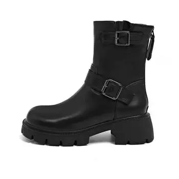 Leather Medium Knight Boots Women s Autumn New Rear Zipper Double Button Boots Black Versatile Leather Boots 35