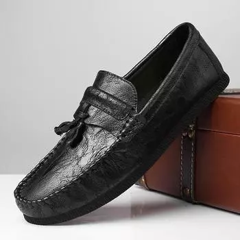 Leather Men Casual Shoes Italian Men Loafers Moccasins Slip on Men s Flats Breathable Male Driving Shoes Lightweight Boat Shoes 38 чёрный