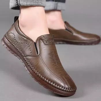 Leather men s autumn and winter new velvet warm casual men s soft sole soft surface non-slip driving middle-aged dadshoes 38 чёрный