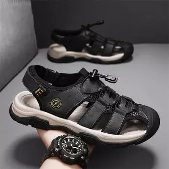 Leather Men S Beach Shoes Fashionable And Comfortable Elastic Band Outdoor Sports Casual Shoes Breathable Hole Sandals 38 серый