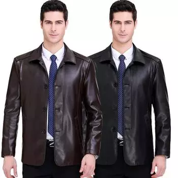 Кожаная мужская куртка осень и зима новая плюшевая овечья кожаная куртка с пуговицами на лацканах повседневная кожаная куртка ветровка M