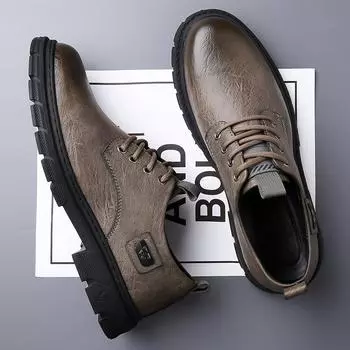 Leather men s shoes 2024 autumn new trend soft sole round head casual leather shoes fashion Korean version heightening tooling shoes men 38 чёрный