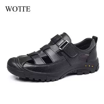 Leather Men Sandals Summer Shoes 2024 New Plus Size Mens Sandals Fashion Casual Outdoor Beach Slippers Breathable Wading Shoes 38 чёрный