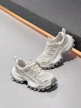 Leather mesh breathable dad shoes women s summer versatile casual sports shoes ultra-light thick sole 35 бежевый