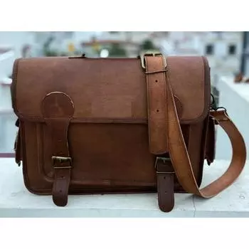 Leather Messenger Laptop Briefcase Satchel Bag (Brown Crazy Goat) Men s Vintage 15 x 11 x 4 in