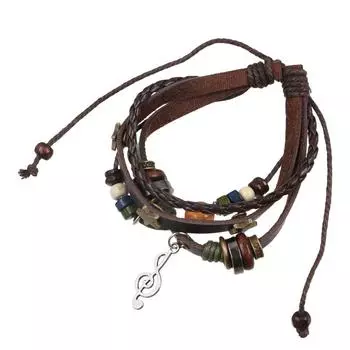 Leather Musical Note Star Wood Beads Hand Rope Men Bracelet Braided Bracelet Gypsy Hippie Bracelet чёрный