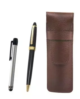 leather pen case with a metallic silver accent and a Neo ballpoint pen set Chocolate-colored D-600 (black) (SASTYO-ALST-600B-B)