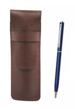 Leather Pen Case with Slim Rotating Ballpoint Pen Set 2-Pack Chocolate-Colored (Blue) SASTYO-PD04-L-2