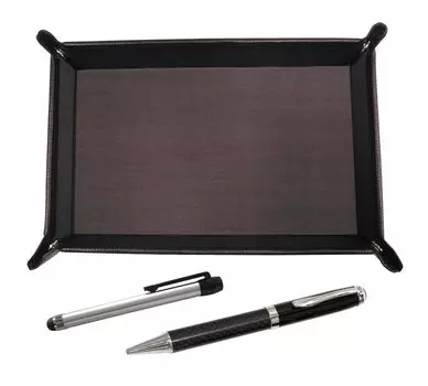 leather pen tray with a silver metal touch pen and a carbon fiber rotating ballpoint pen set Chocolate-colored (TRATYO-ALST-PD01)
