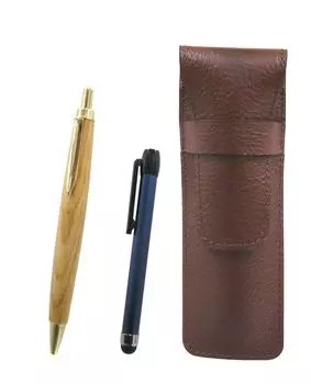 leather pencil case with blue pen and retro maple wood shaft ballpoint pen set Chocolate-colored metal-touch (SASTYO-ALL-HS47S)