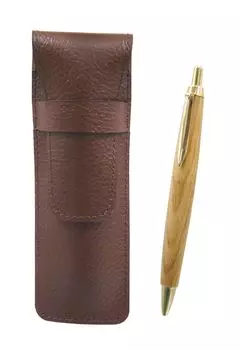 leather pencil case with retro maple wood shaft ballpoint pen set Chocolate-colored (SASTYO-HS47S)