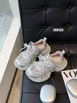 Leather platform dad shoes women s spring new mesh breathable heightening soft sole lightweight sports and leisure shoes 35 розовый цвет-серебро