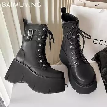Leather Platform Women Mid Calf Boots High Heels Shoes Fashion Lace Up Motorcycle Boots Trend Winter Pumps Goth Botas Mujer 35