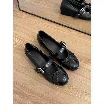 Leather retro bow inner height increase shallow mouth ballet single shoes women s one-word buckle belt Mary Jane shoes 35