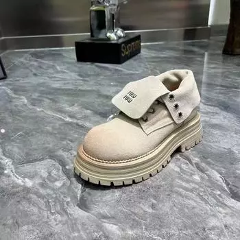 Leather retro flip Martin boots women s 2025 early autumn new yellow single boots thick-soled two wear short boots rhubarb boots tide 35