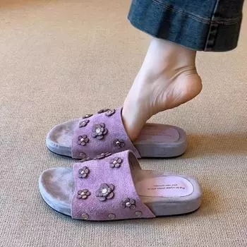 Leather retro flower open-toed cool slippers women wear summer new suede thick-soled versatile sandals 35