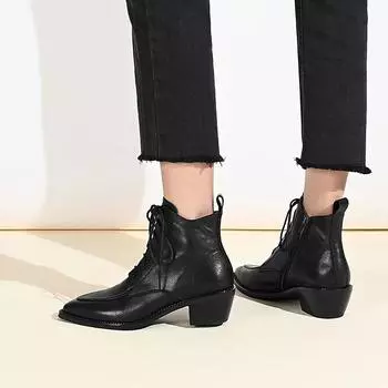 Leather Retro Mature Women Ankle Boots Pointed Toe Lace-Up Thick Heels Shoes Woman Autumn Winter Office Boot Shoe 34