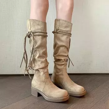 Leather retro wasteland wind long boots women s thick heel thin pleated piled boots thick sole but knee high knight boots 35