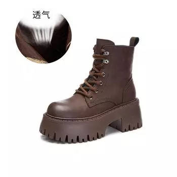 Leather rhubarb boots women s 2025 autumn and winter new high-heeled Martin boots women s retro British style short boots women s versatile women s b 35