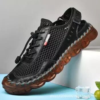 Leather sandals men s 2024 new men s hollow beach shoes beef tendon sole hand-stitched non-slip wear-resistant soft-soled shoes 38 чёрный