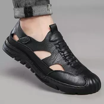 Leather sandals men s 2025 new men s casual beach shoes hollow leather sandals breathable bag head hole shoes 38