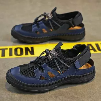 Кожаные сандалии Мужские сетчатые полые туфли Полые пляжные туфли 38 синий