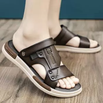 Leather sandals men wear non-slip and deodorant in summer, dad wears sandals for driving, high-end outdoor sports beach slippers 39 серый