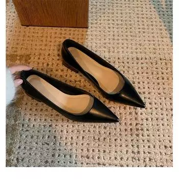 Leather shallow mouth pointed shoes thick heel single shoes women Mary Jane ladyshoes evening shoes small high heels 35