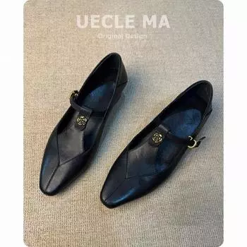 Leather shoes camellia retro Mary Jane shoes women are not tired feet thick heel t belt light mouth single shoes 35