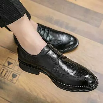 Leather Shoes Men s 2025 New Brock British Casual Trend Business Dress Flower Youth Suit Wedding Shoes Men s Shoes 37 чёрный