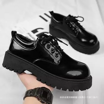 Leather shoes men s 2025 new summer business dress casual teen big head British style black bright leather Martin shoes 37 чёрный