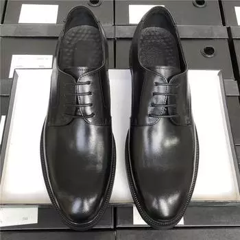 Кожаные туфли мужские деловые кожаные дышащие британские туфли для мужчин в деловом стиле туфли для свадьбы жениха с острым носком 38 чёрный