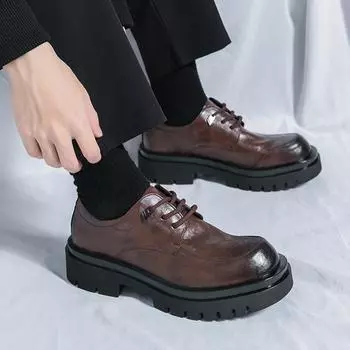 Leather shoes men s casual low-top Martin boots men s business dress thick-soled summer breathable 2024 new big head men s shoes 38 чёрный