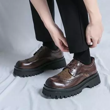 Leather shoes men s spring and autumn 2025 British style soft-soled engraved brock men s shoes business dress casual big head shoes 38 чёрный