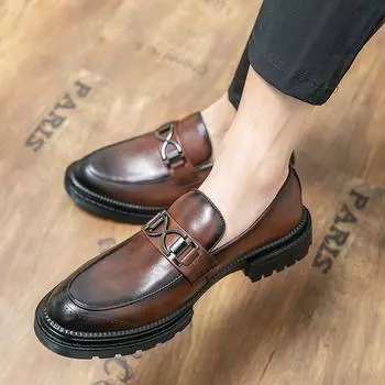 Leather shoes men s spring and autumn 2025 new British platform heightening business casual shoes size 37 one-pedal men s shoes 37 чёрный