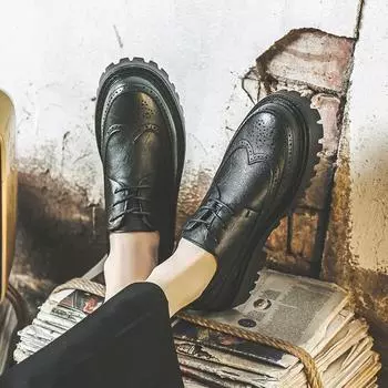 Кожаные туфли мужские летние дышащие Tide Inner увеличение роста деловые деловые повседневные британские туфли Brock Tide 21260-J 38 чёрный