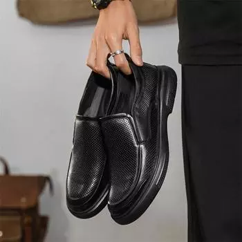 Leather shoes men s summer business leisure work shoes hollow breathable punched soft leather all black pure cowhide men s shoes 38