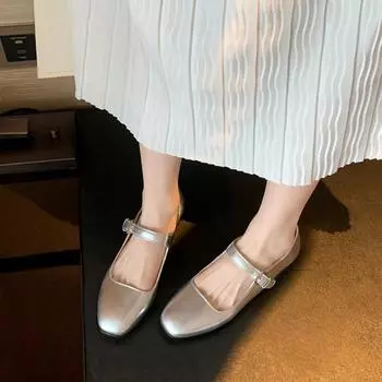 Leather Silver Mary Jane Single Shoes Women s One-Word Belt Square Head Flat Bottom Small Leather Shoes Soft Sole Pouch Shoes 35